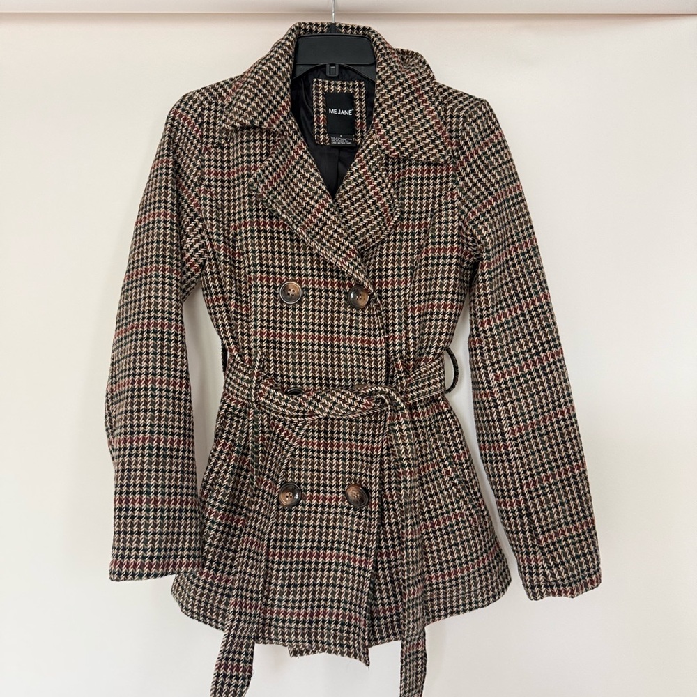 Houndstooth Double-Breasted Belted Pea Coat